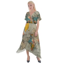 Vintage World Map Cross Front Sharkbite Hem Maxi Dress by Loisa77