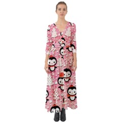 Cute Penguin Pattern Button Up Boho Maxi Dress by Loisa77