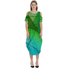 3d Leaves Texture Sheet Blue Green Cold Shoulder Loose Fit Dress With Pockets by Cemarart