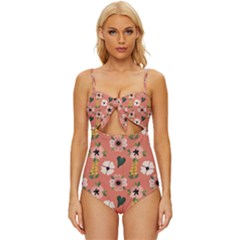 Flower Pink Brown Pattern Floral Knot Front One-piece Swimsuit by anzea