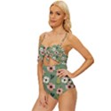 Flower Green Pink Pattern Floral Knot Front One-Piece Swimsuit View2