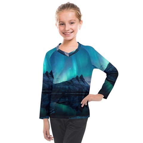 Aurora Borealis Mountain Reflection Kids  Long Mesh T-shirt by Grandong