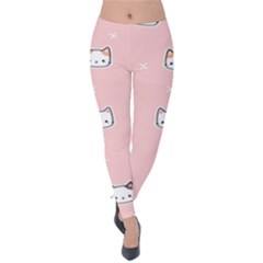 Cute Cat Cartoon Doodle Seamless Pink Pattern Velvet Leggings by Grandong