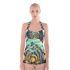 Monkey Tiger Bird Parrot Forest Jungle Style Boyleg Halter Swimsuit  by Grandong