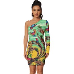 Monkey Tiger Bird Parrot Forest Jungle Style Long Sleeve One Shoulder Mini Dress by Grandong