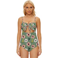 Flower Green Pink Pattern Floral Knot Front One-piece Swimsuit by anzea