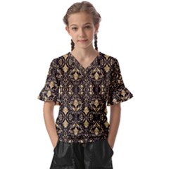 Vintage Batik Art Architecture Pattern Kids  V-neck Horn Sleeve Blouse by Ravend