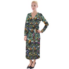 Bees Colony Flowers Velvet Maxi Wrap Dress by Loisa77