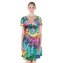 Tie Dye Grateful Dead Bears Short Sleeve V-neck Flare Dress by Perong