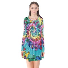 Tie Dye Grateful Dead Bears Long Sleeve V-neck Flare Dress by Perong