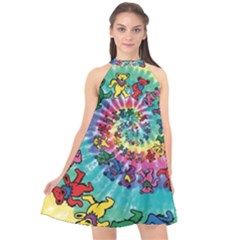 Tie Dye Grateful Dead Bears Halter Neckline Chiffon Dress  by Perong