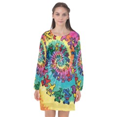 Tie Dye Grateful Dead Bears Long Sleeve Chiffon Shift Dress  by Perong