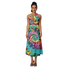 Tie Dye Grateful Dead Bears Sleeveless Cross Front Cocktail Midi Chiffon Dress by Perong