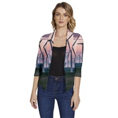 Wind Giants At Twilight Women s Draped Front 3/4 Sleeve Shawl Collar Jacket by Tellerarts