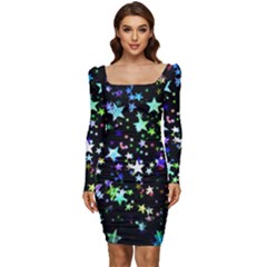 Christmas-star-gloss-lights-light Women Long Sleeve Ruched Stretch Jersey Dress by Grandong