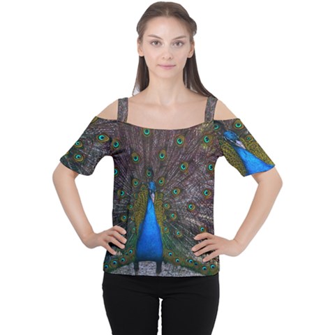 Bird Peacock Feathers Cutout Shoulder T-shirt by Perong