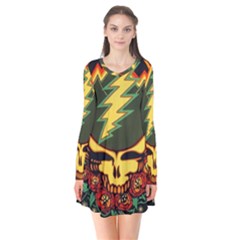 Grateful Dead Steal Your Face Deadhead Hippie Logo Music Long Sleeve V-neck Flare Dress by Perong