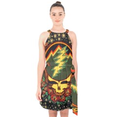 Grateful Dead Steal Your Face Deadhead Hippie Logo Music Halter Collar Waist Tie Chiffon Dress by Perong