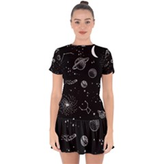 Black Space Drawing Art Planet Drawing Stars Black Space Galaxy Outer Space Drop Hem Mini Chiffon Dress by Perong