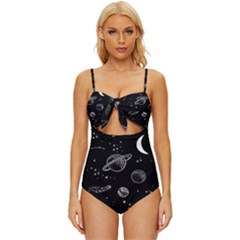 Black Space Drawing Art Planet Drawing Stars Black Space Galaxy Outer Space Knot Front One-piece Swimsuit by Perong