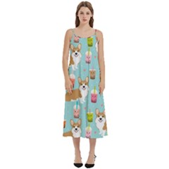 Corgi Boba Tea Bubble Tea Kawaii Food Welsh Corgis Dog Pattern Casual Spaghetti Strap Midi Dress by Perong