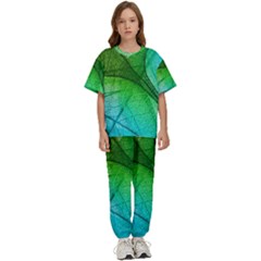 3d Leaves Texture Sheet Blue Green Kids  T-shirt And Pants Sports Set