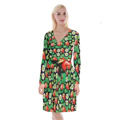 Strawberries Pattern Long Sleeve Velvet Front Wrap Dress by Salmanaz77