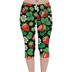 Strawberries Pattern Velvet Capri Leggings  by Salmanaz77