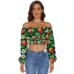 Strawberries Pattern Long Sleeve Crinkled Weave Crop Top by Salmanaz77