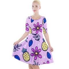 Flowers Petals Pineapples Fruit Quarter Sleeve A-line Dress With Pockets by Paksenen