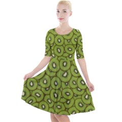 Kiwi Fruit Pattern Green Background Quarter Sleeve A-line Dress With Pockets by Paksenen