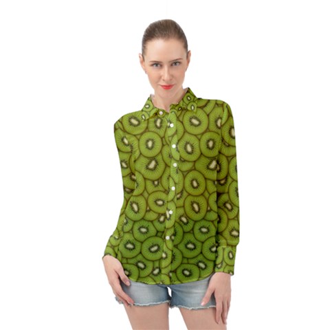 Kiwi Fruit Pattern Green Background Long Sleeve Chiffon Shirt by Paksenen