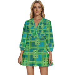 Green Abstract Geometric V-neck Placket Mini Dress by Ket1n9