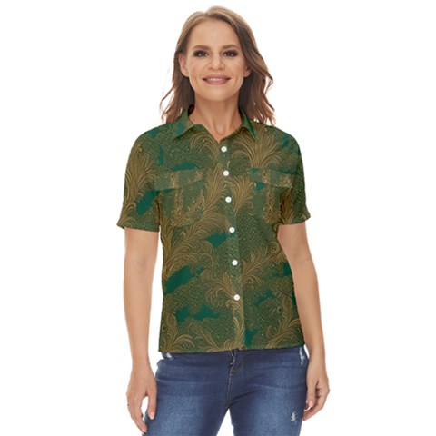 Seamless Pattern Pattern Leaves Women s Short Sleeve Double Pocket Shirt by Paksenen