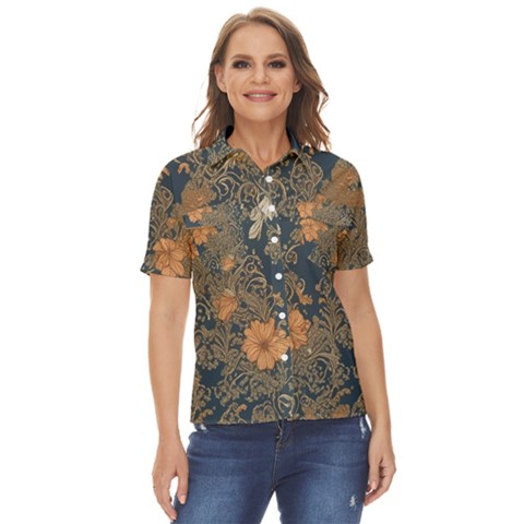 Seamless Pattern Patterns Leaves Vintage Women s Short Sleeve Double Pocket Shirt by Paksenen