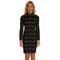 Fern Pattern 2 Black Long Sleeve Shirt Collar Bodycon Dress by snowwhitegirl