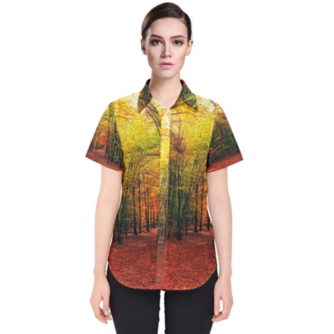 Forest Woods Autumn Nature Women s Short Sleeve Shirt by Proyonanggan