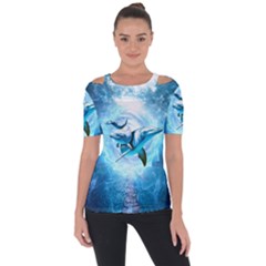 Dolphin Blue Sea Fantasy Shoulder Cut Out Short Sleeve Top by Maspions