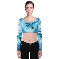 Dolphin Blue Sea Fantasy Velvet Long Sleeve Crop Top by Maspions