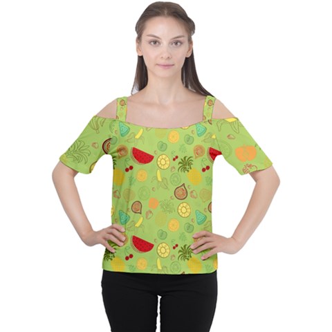 Art Fruits Pattern Cutout Shoulder T-shirt by Maspions