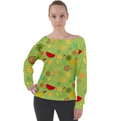 Art Fruits Pattern Off Shoulder Long Sleeve Velour Top by Maspions