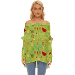 Art Fruits Pattern Off Shoulder Chiffon Pocket Shirt by Maspions