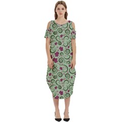 Swirls Foliage Leaves Green Cold Shoulder Loose Fit Dress With Pockets by Maspions