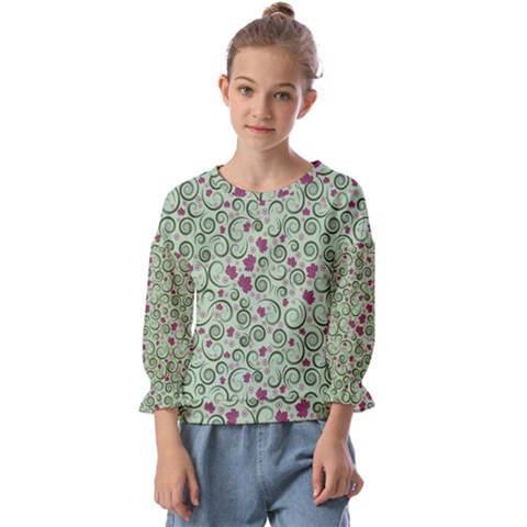 Swirls Foliage Leaves Green Kids  Cuff Sleeve Top by Maspions