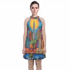 City New York Nyc Skyscraper Skyline Downtown Night Business Urban Travel Landmark Building Architec Velvet Halter Neckline Dress  by Posterlux