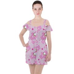 Cheer Bear Pink, Care, Care Bears, Cartoon Ruffle Cut Out Chiffon Playsuit by kyorashop23