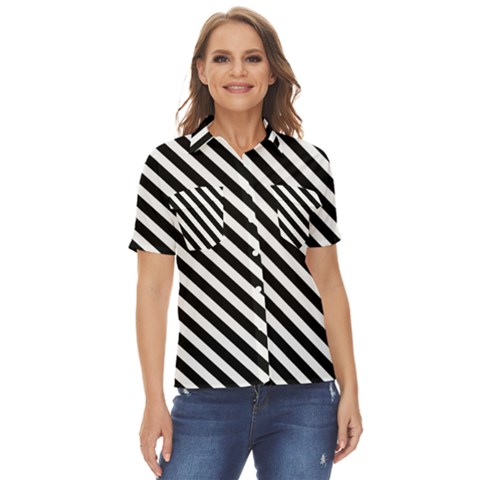 Stripes Monochrome Pattern Women s Short Sleeve Double Pocket Shirt by kyorashop23