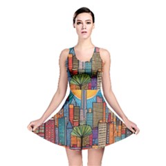 City New York Nyc Skyscraper Skyline Downtown Night Business Urban Travel Landmark Building Architec Reversible Skater Dress by Posterlux