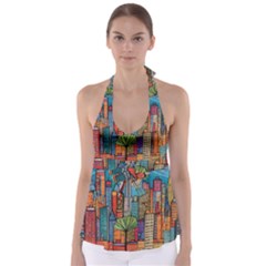 City New York Nyc Skyscraper Skyline Downtown Night Business Urban Travel Landmark Building Architec Tie Back Tankini Top by Posterlux