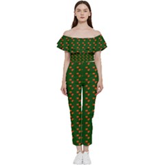 Kawaii Pumpkin Patt Green Bardot Ruffle Jumpsuit by snowwhitegirl